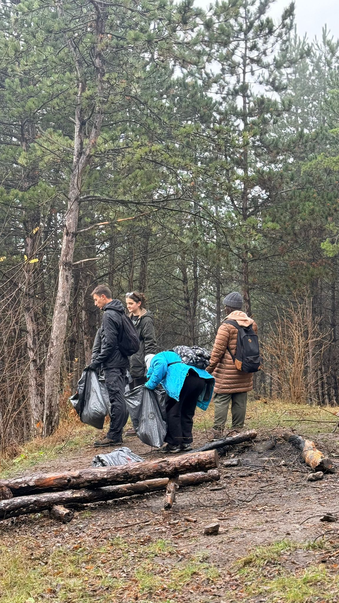 Voluntarii Environmental Rise în  Făget, explorând pădurea cu sacii de gunoi la îndemână. 